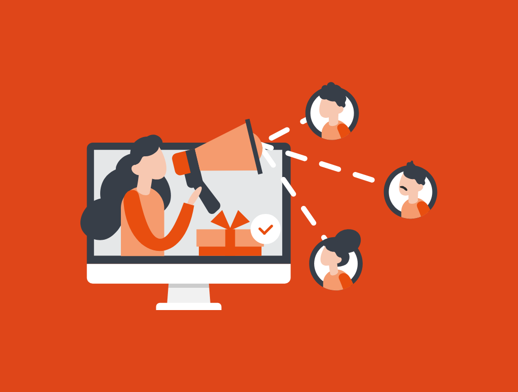 Graphic of a woman in a computer screen, holiding a megaphone to connect to clients